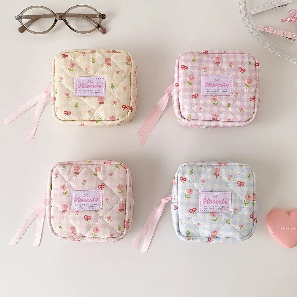 New Quilted Square Cosmetic Bag Ribbon Bow Decor Portable Coin Purse Zipper Closure Floral Print Plaid Makeup Pouch Daily Use