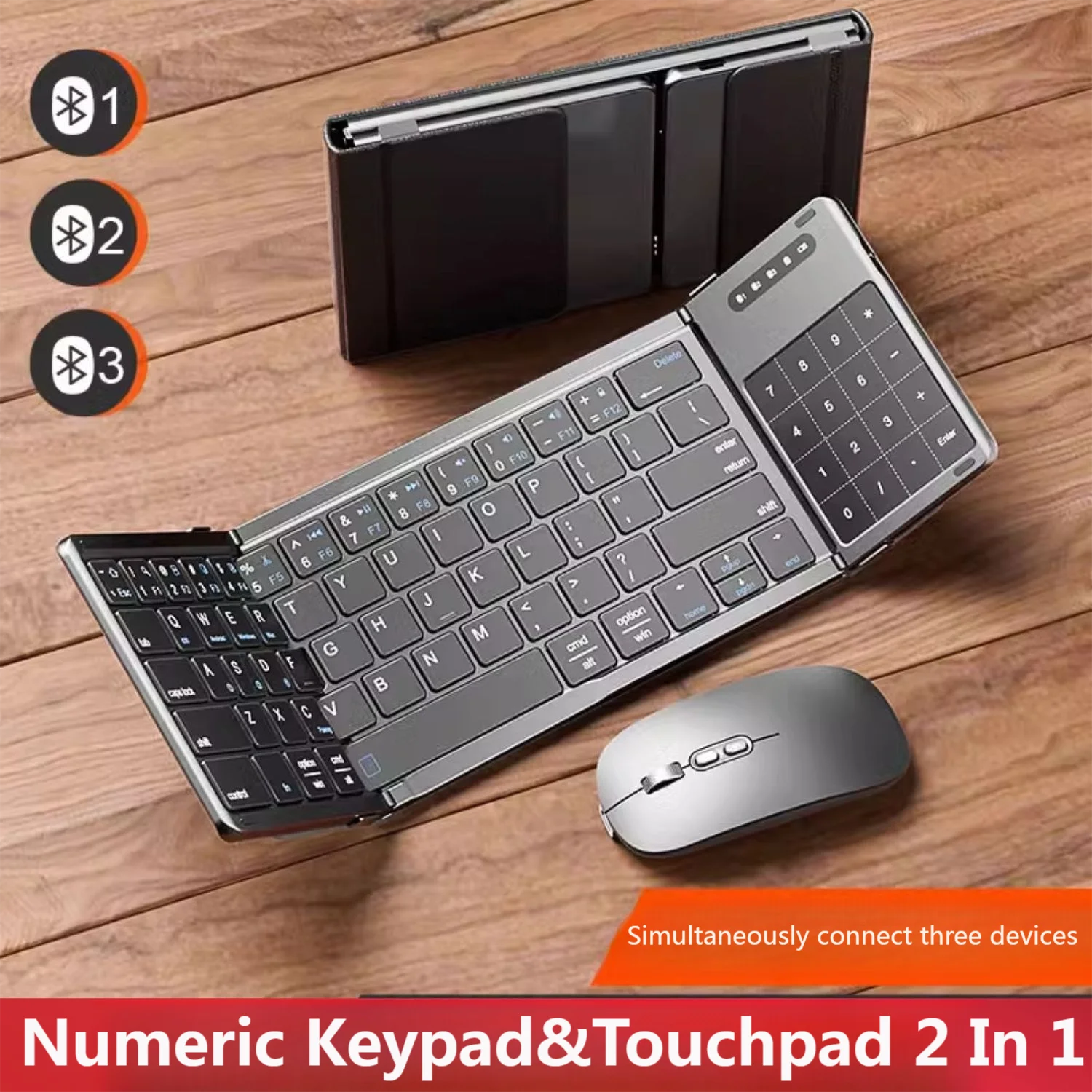 

Three Folding Wireless Bluetooth Keyboard CNC Integrated Touchpad Numeric Keypad 2-in-1 Rechargeable Portable For Office Travel