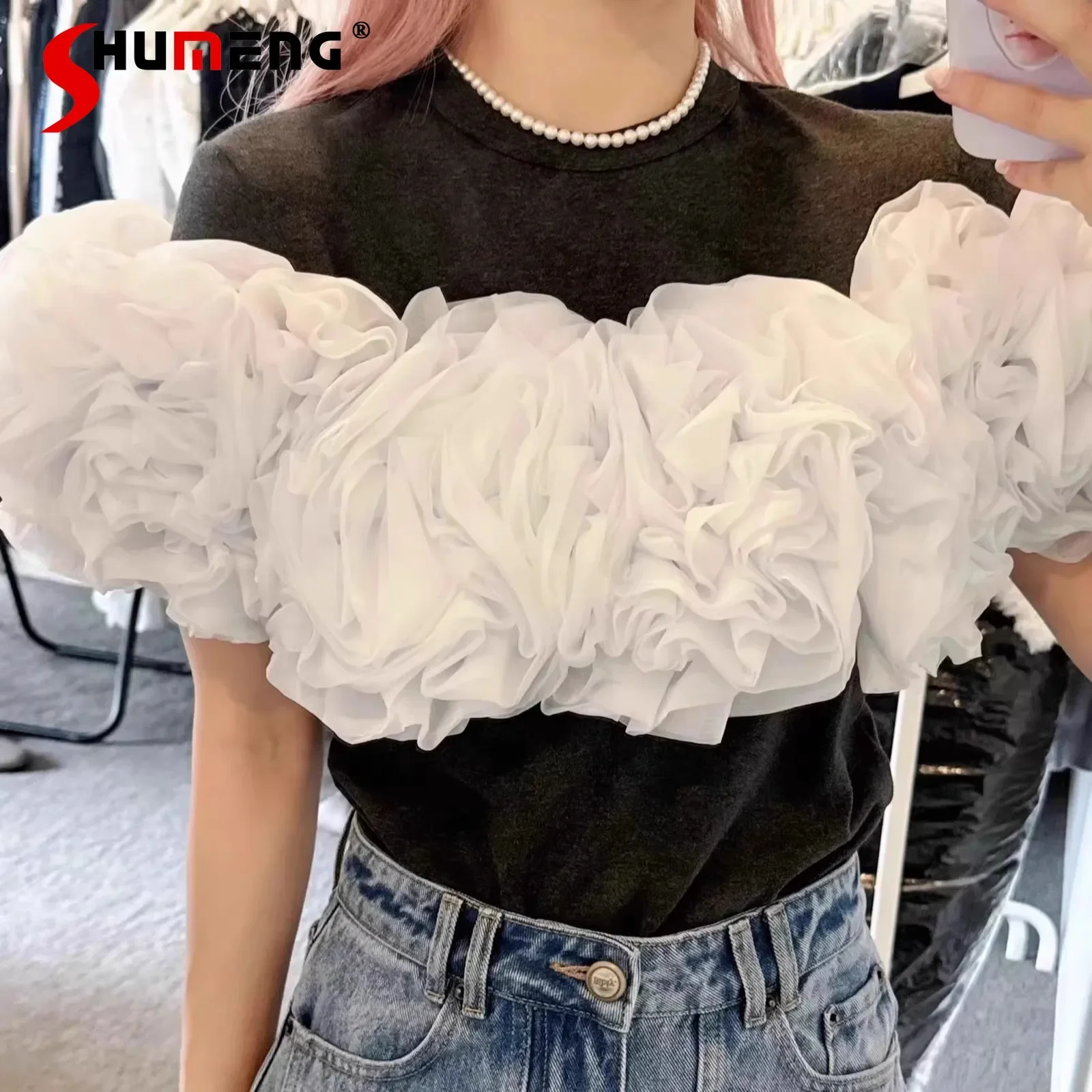 

Japanese Heavy Industry 3D Big Flower T-shirt Women's Summer New Fashion Elegant Celebrity Style Ladies Sweet Top Women Clothing