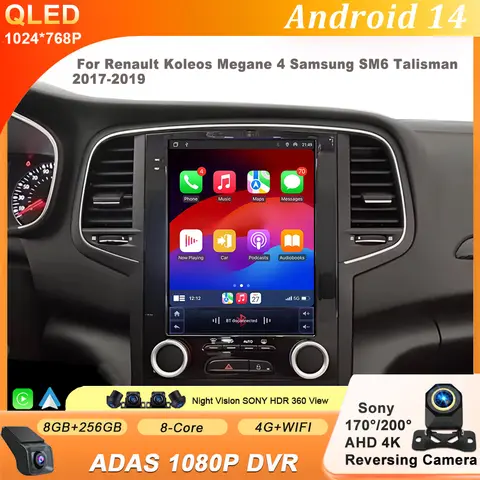 Renault Koleos Megane 4 용 Android 14 Samsung SM6 Talisman 2017 - 2019 Tesla 스타일 Carplay 자동차 라디오 멀티미디어 네비게이션 GPS