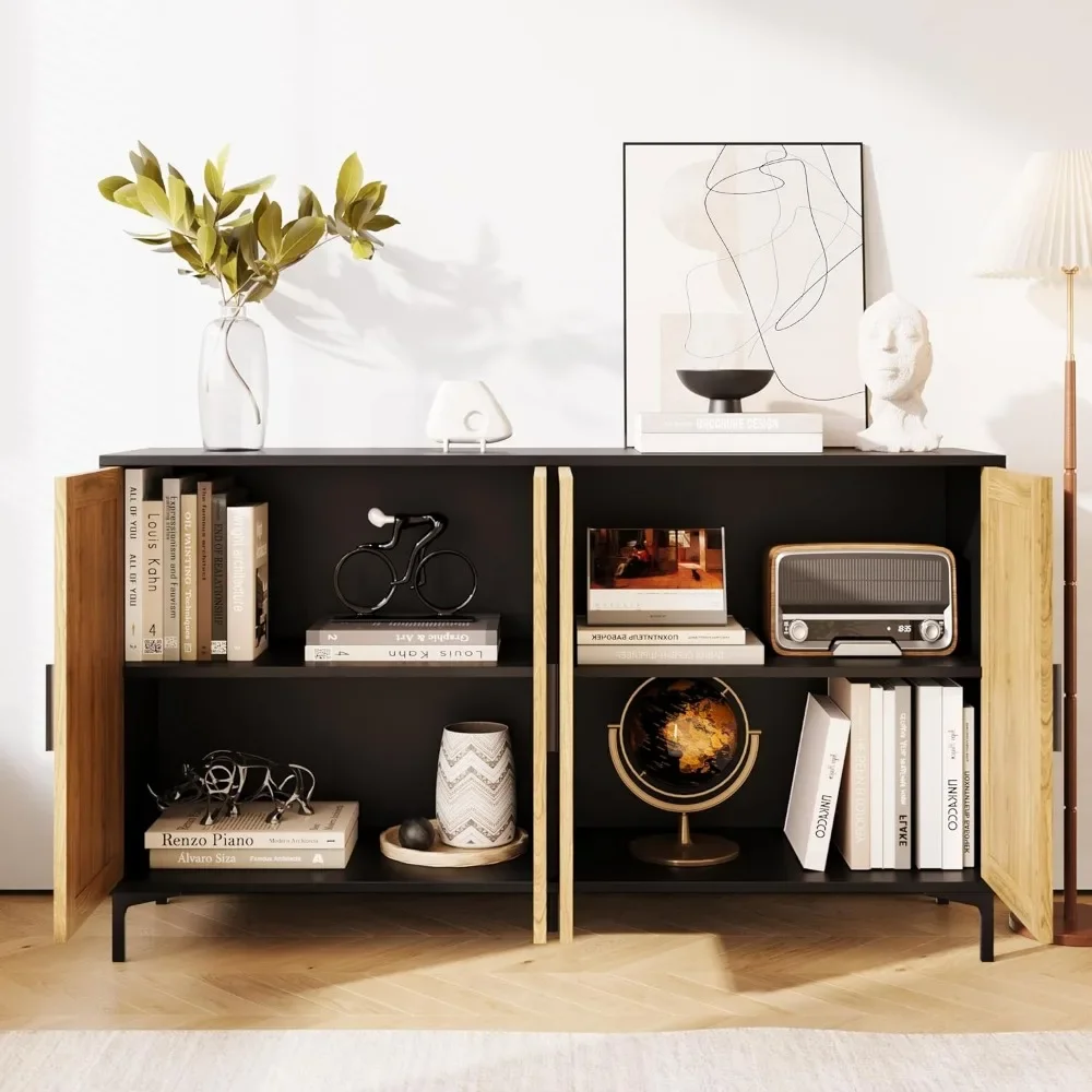 Buffet Décoré avec Portes en Rotin, Placard d'Accent, Armoire de Placard de Cuisine, 4 Portes