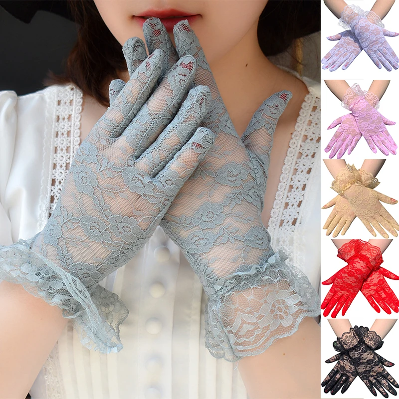 Women Sheer Short Lace Gloves Sexy Party Wedding Gloves Mesh Thin Floral Full Finger Mittens Summer UV-Proof Wrist Glove