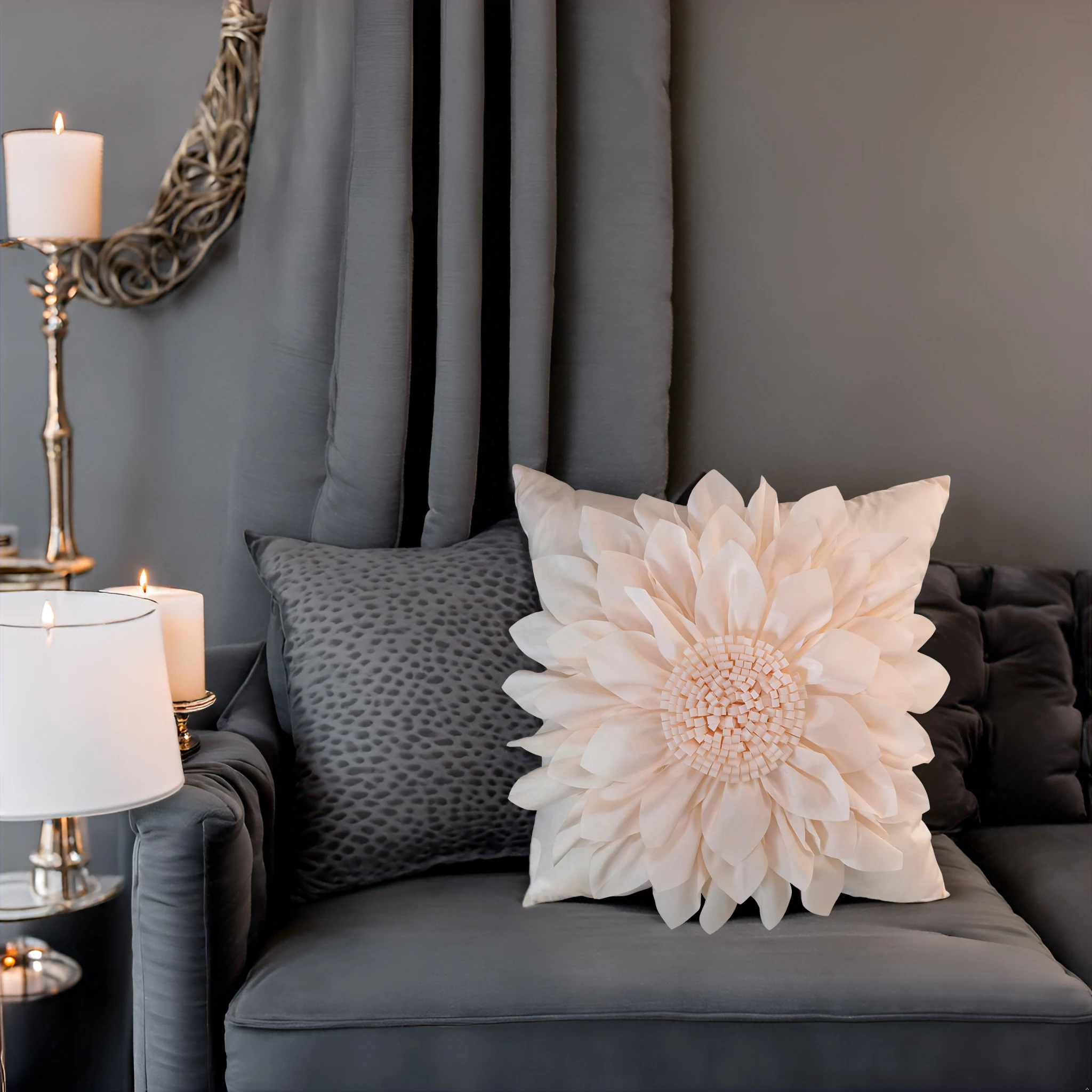 Cremefarbene dekorative Kissenbezüge für Sofa, 3D-Sonnenblumen-Kissenbezug, luxuriöser handgefertigter Bettcouch-Böhmen-Kissenbezug in Elfenbeinweiß