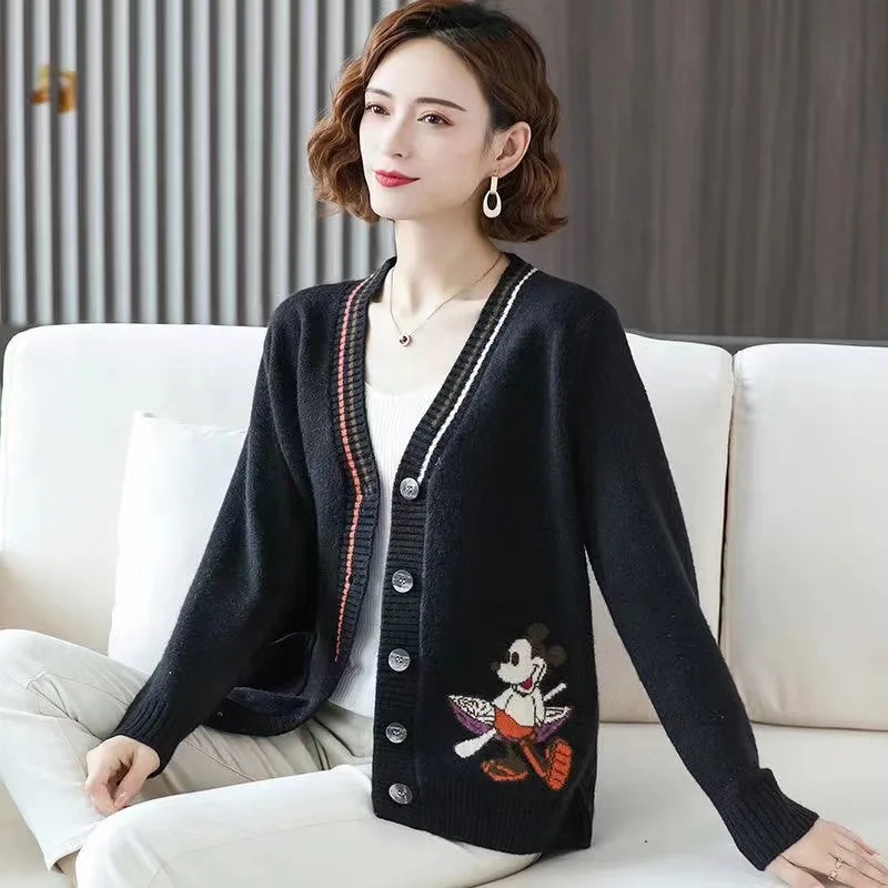 Disney Cartoon Knitted Cardigan Mickey Sweaters for Women Coat Female Autumn and Spring Long Sleeved Kawaii Tops Dropshipping