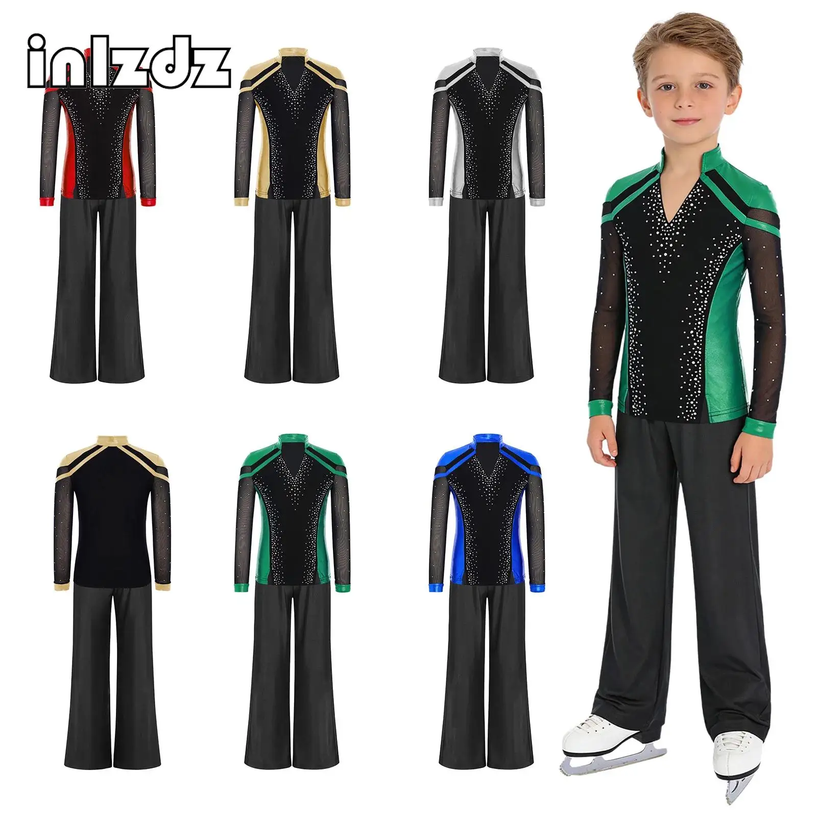 

Kids Boys Figure Ice Skating Costumes Long Sleeve Shiny Rhinestones Metallic Top+Pants 2-piece Sets for Ballet Dance Performance