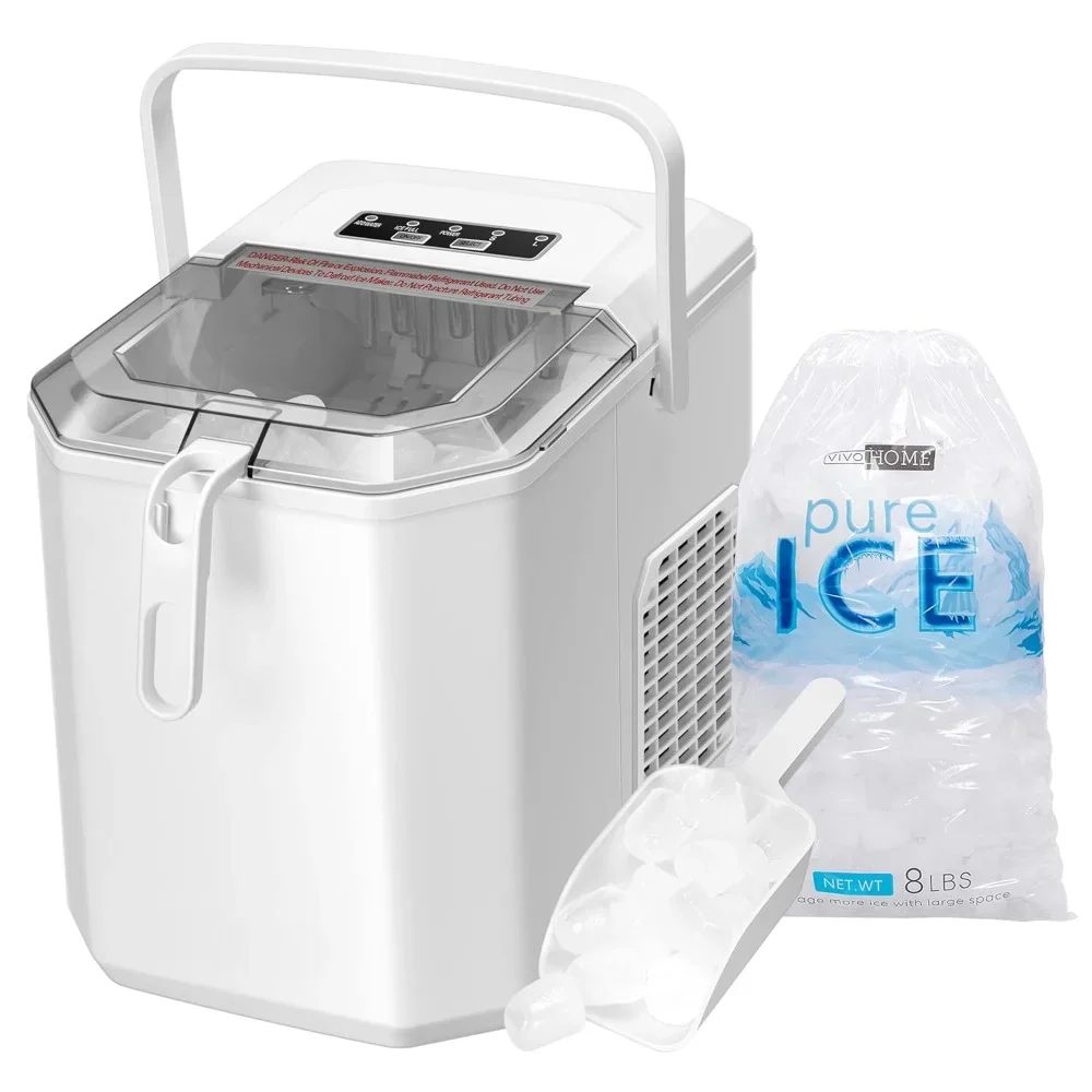 

XMSJ Electric Portable Compact Countertop Automatic Ice Cube Maker Machine with Handle Hand Scoop 10 Ice Bags