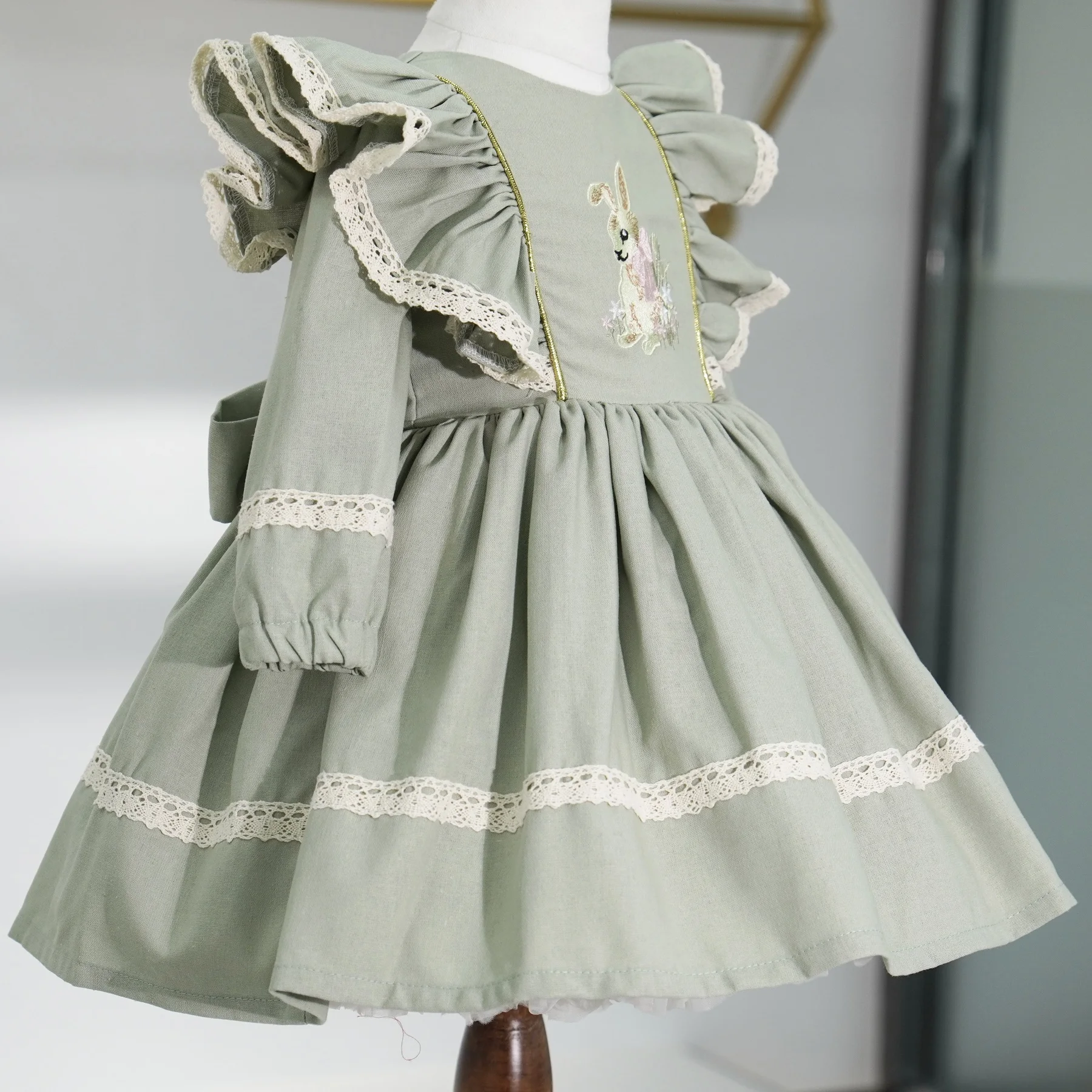 0-12Y Baby Girl Summer Light Green Rabbit Embroidery Vintage Princess Ball Gown Dress for Birthday Holiday Photography C87
