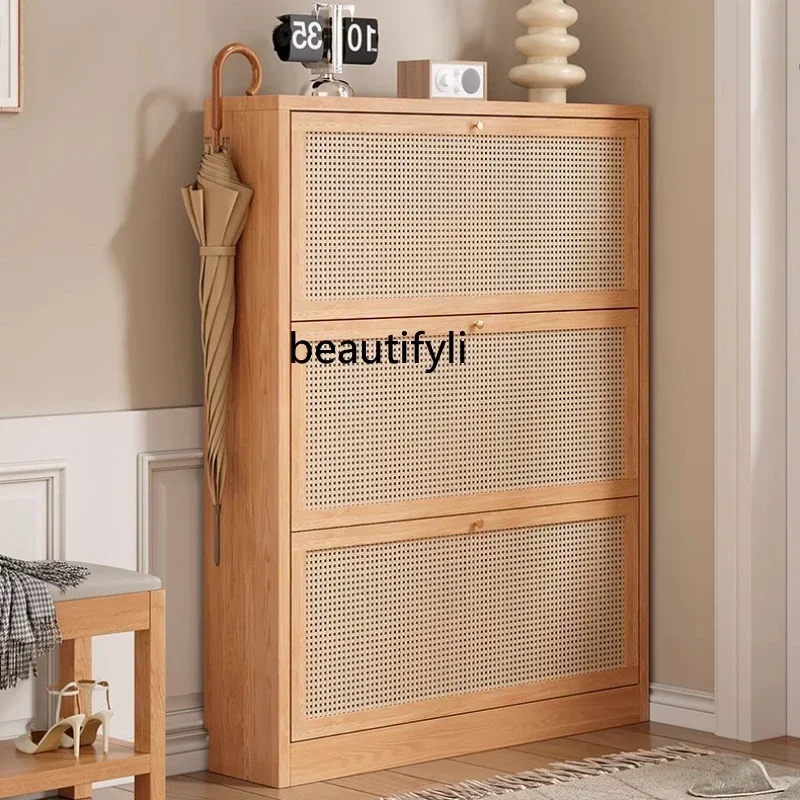 E153 Solid Wood Rattan Ultra-Thin Shoe Cabinet Home Entrance Storage Cabinet Wall-Mounted Narrow Entryway Cabinet