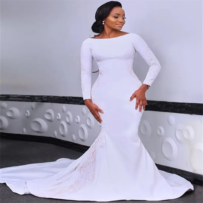 Customized Scoop Neck Appliques Mermaid Wedding Dress Vestidos De Novia Sweep Train  African Full Sleeves Plus Size  Bridal Gown