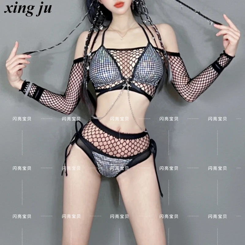 Nachtclub DJ Sexy Rosa Durchsichtige Hollow Out Tops Enge Schnürshorts Damen Festival Kleidung Bühnenkostüm Pole Dance Outfits