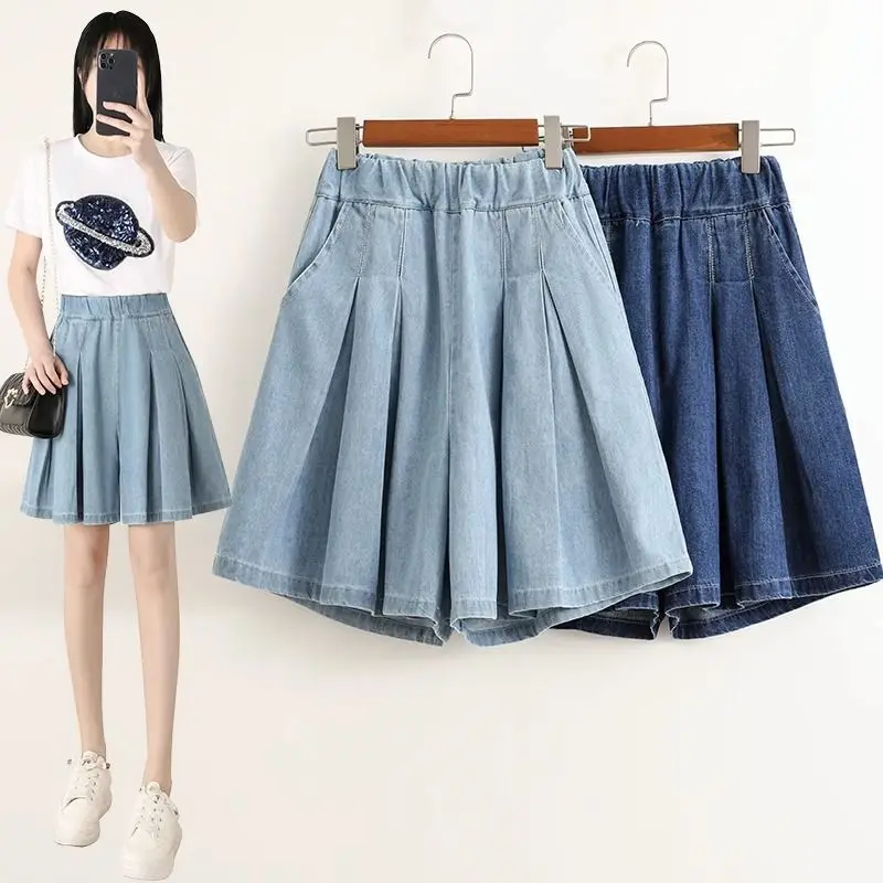 Women Summer Simplicity Loose Solid Color High Waist Appear Thin denim shorts Women Clothes Casual All-match Trouser Skirts