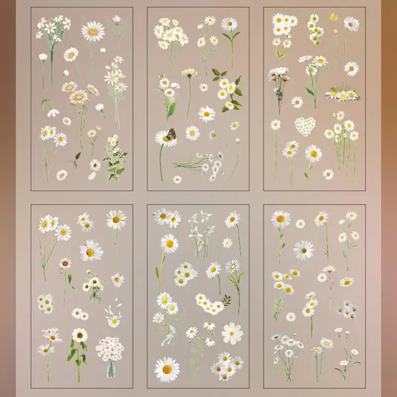 Transparent Flower Stickers 6 Sheets Decorative Retro Decals PET Floral Stickers Plant And Flower Stickers For Laptop Project