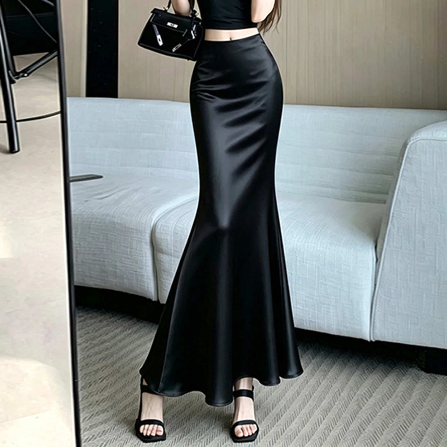 Acetate Satin Fish Tail Skirt Silk Ice High Waist Bodycon Black  Dress Summer 2026 New Hanging Sense Comfortable Women Skirt