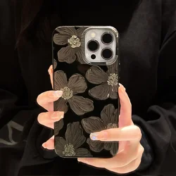 French Retro cool black oil painting flower Phone Case For iPhone 16 15 14 13 12 Pro Max 15 14 16 Plus Xr case Cute Soft Cover