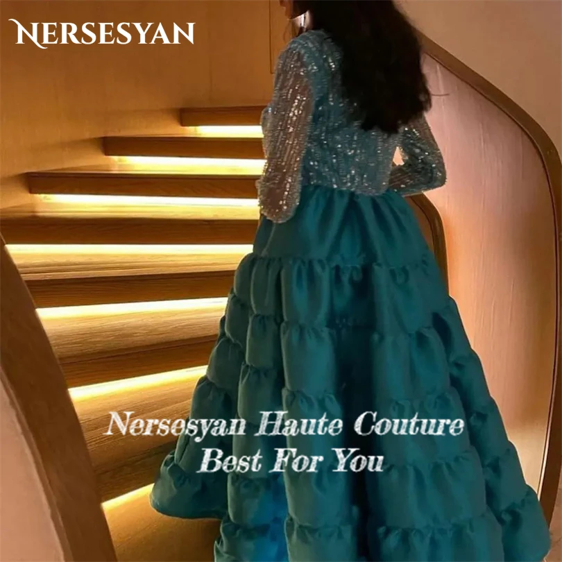 Nersesyan Glitter Satin Formal Evening Dresses Sequins Tulle Long Sleeves Party Gowns V-Neck A Line Draped Vestidos De Fiesta