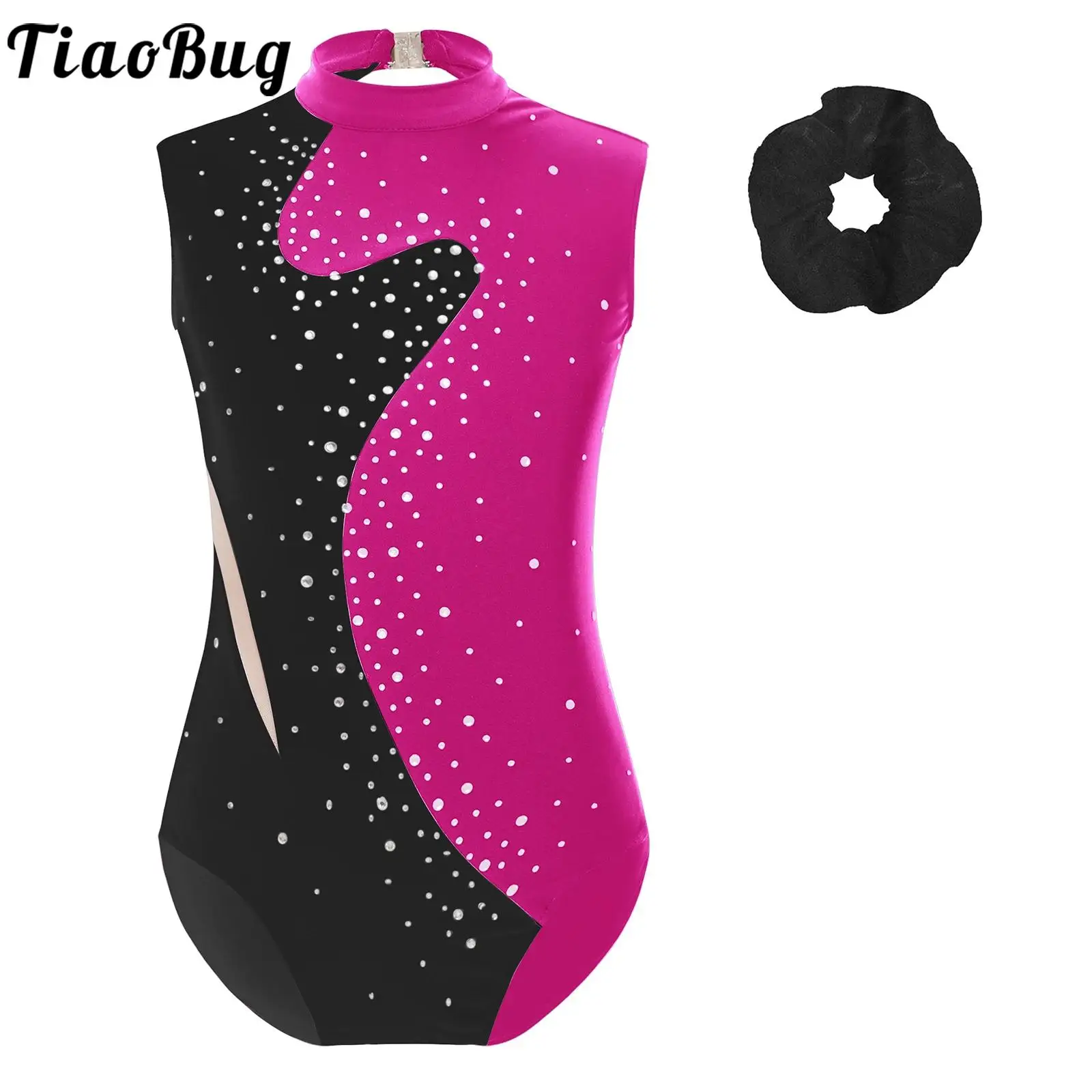 

Kids Girls Figure Skating Gymnastic Ballet Dance Costume Sleeveless Shiny Rhinestones Leotard Bodysuit Hair Tie Set Dancewear