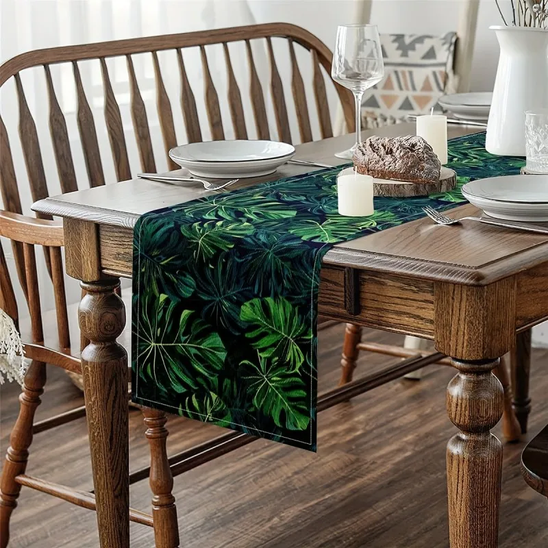 Magic Palm Leaf Printed Linen Tablecloth, Tropical Bohemian-Style Home Decoration Table Flag, Natural Style Interior Decoration