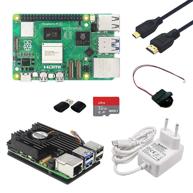 Raspberry Pi 5 Full Kit 4GB 8GB RAM+Power Supply 27W+RTC Battery Box+SD Card+Card Reader+Metal Case with Fan+Video Cable 4K