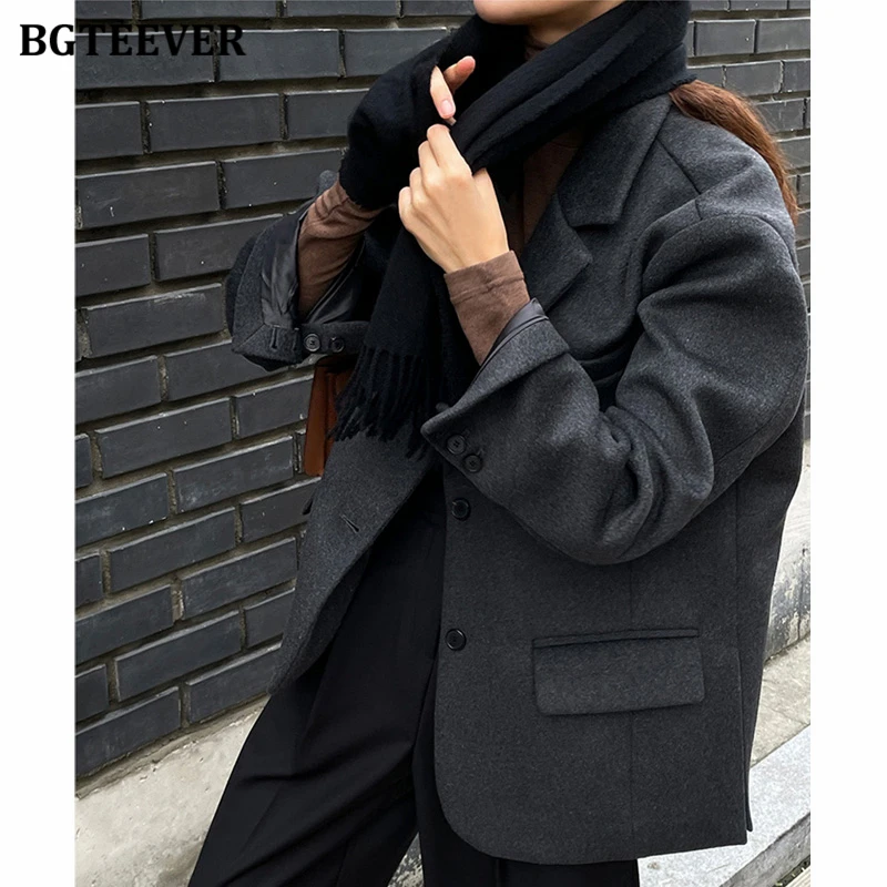 BGTEEVER Fashion Winter Thicken Warm Loose Single-breasted Female Woolen Blazer Vintage Long Sleeve Women Solid Blend Jackets