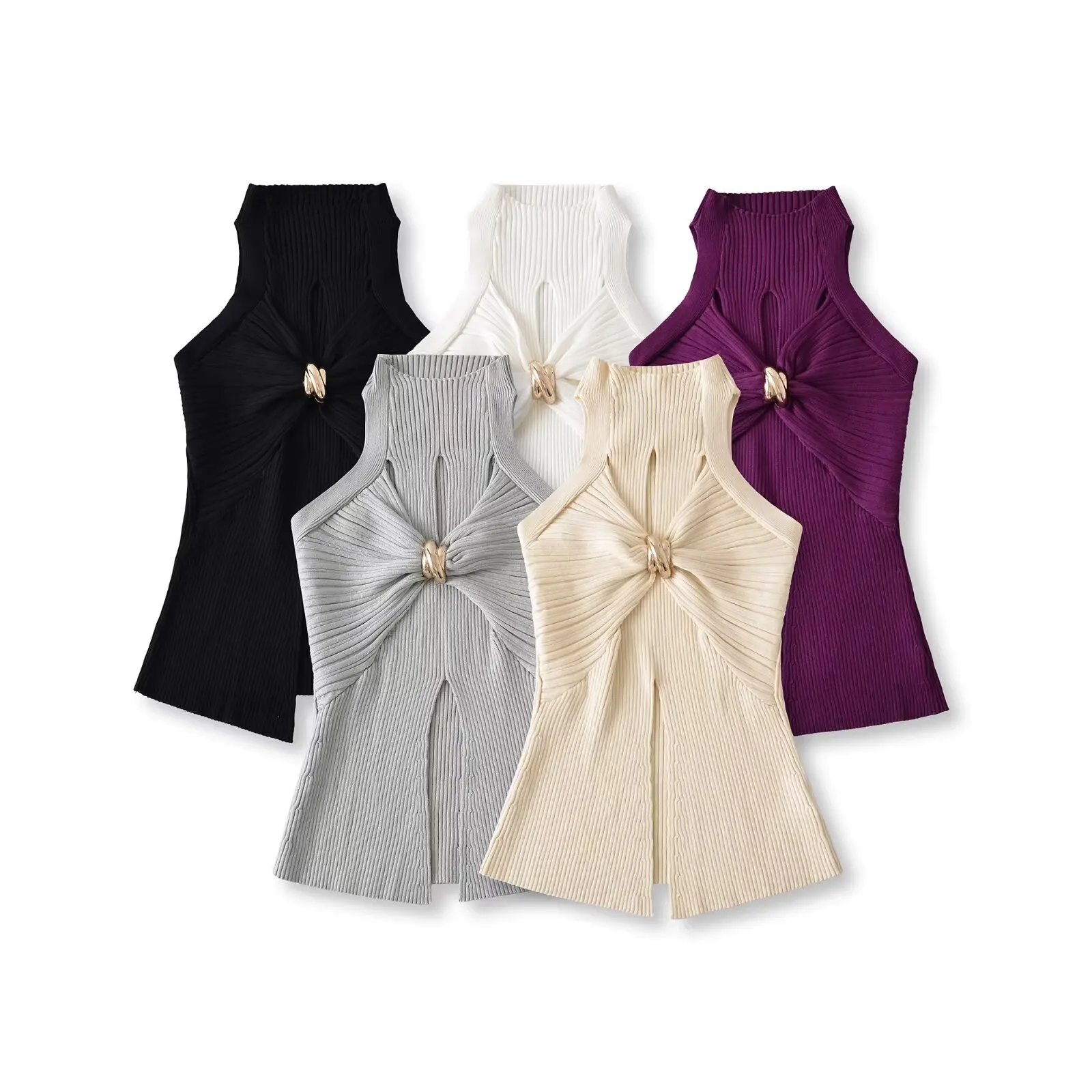 

Women's Slim Fit Knitted Vest Twisted Metal Buckle Design American Hot Girl Style Sexy Trend Top for