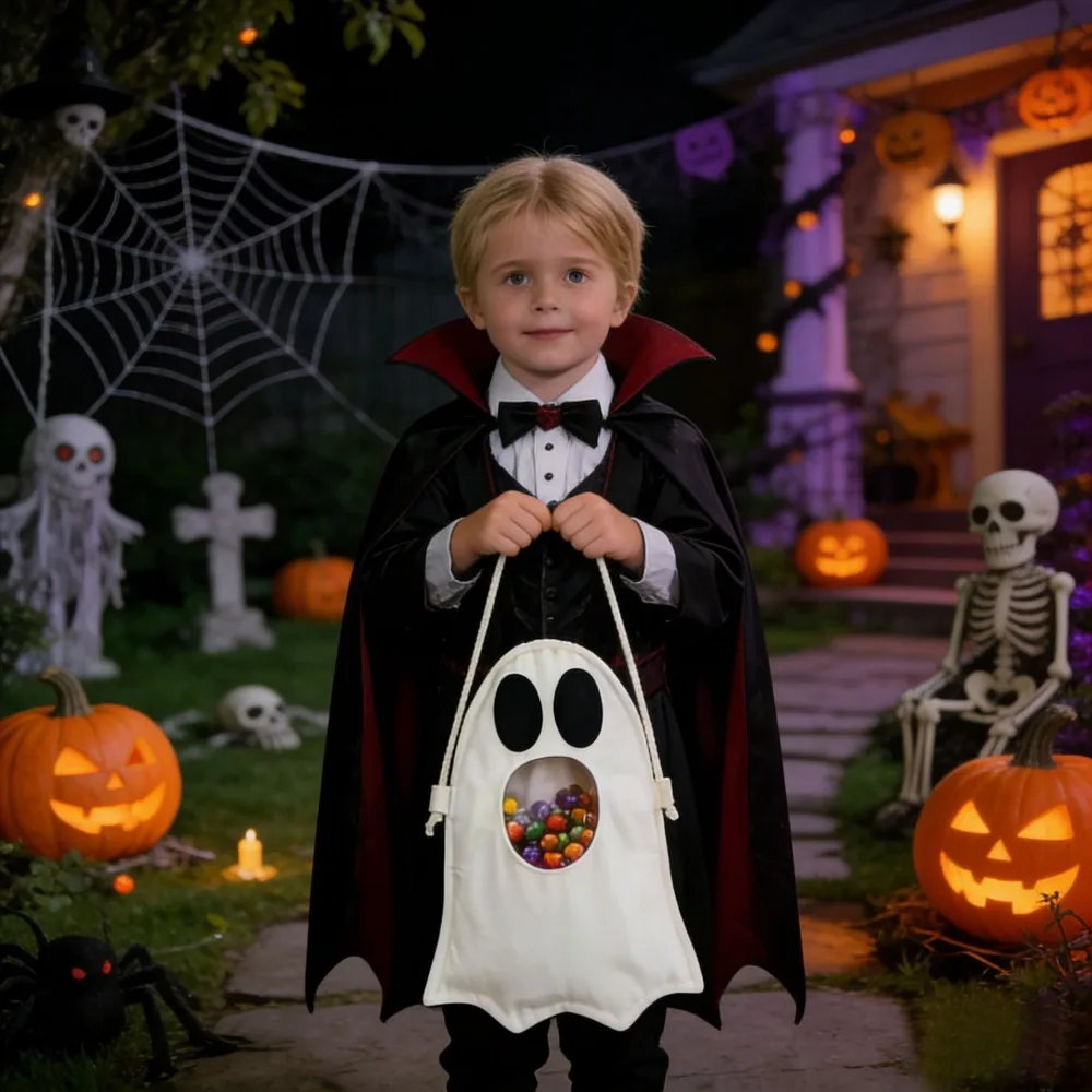 Folding Halloween Ghost Candy Bag Adjustable Strap Reusable Trick-or-Treat Storage Pouch Large Opening Mouth Lightweight