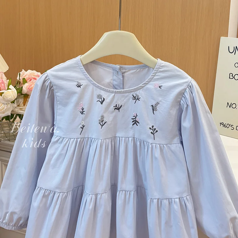 

Girls Long Sleeve Cotton Blue Embroidered Small Flower Shirt Baby Girl Shirt2025Spring New Sweet French Style