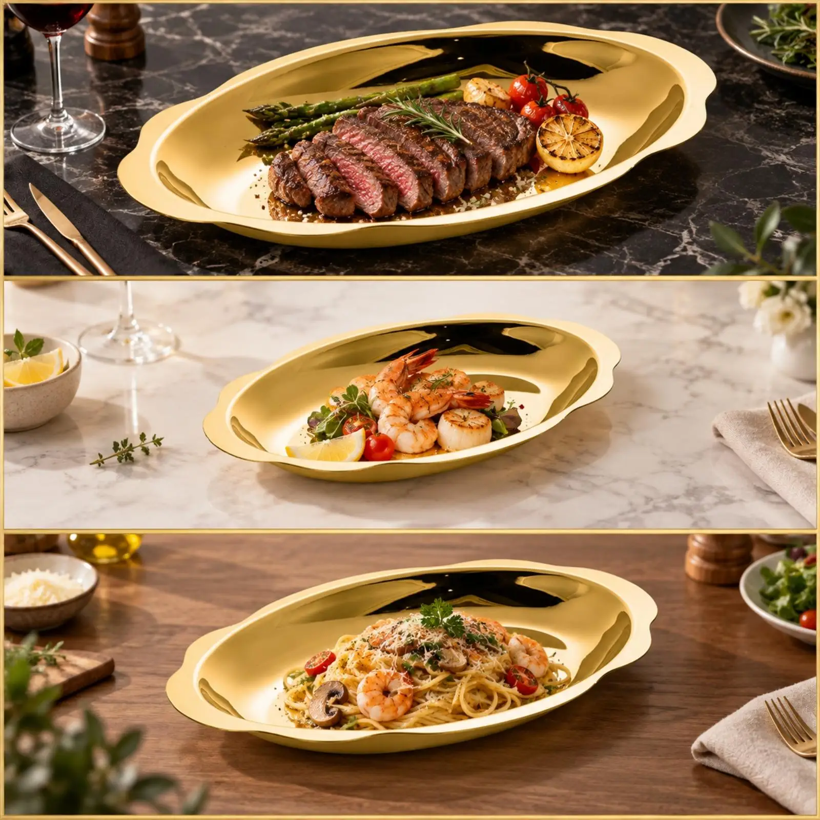 Upscale Gold Oval Serving Plate Stainless Steel Mirror Surface for Dinner Party Hosting and Restaurant Grade Display