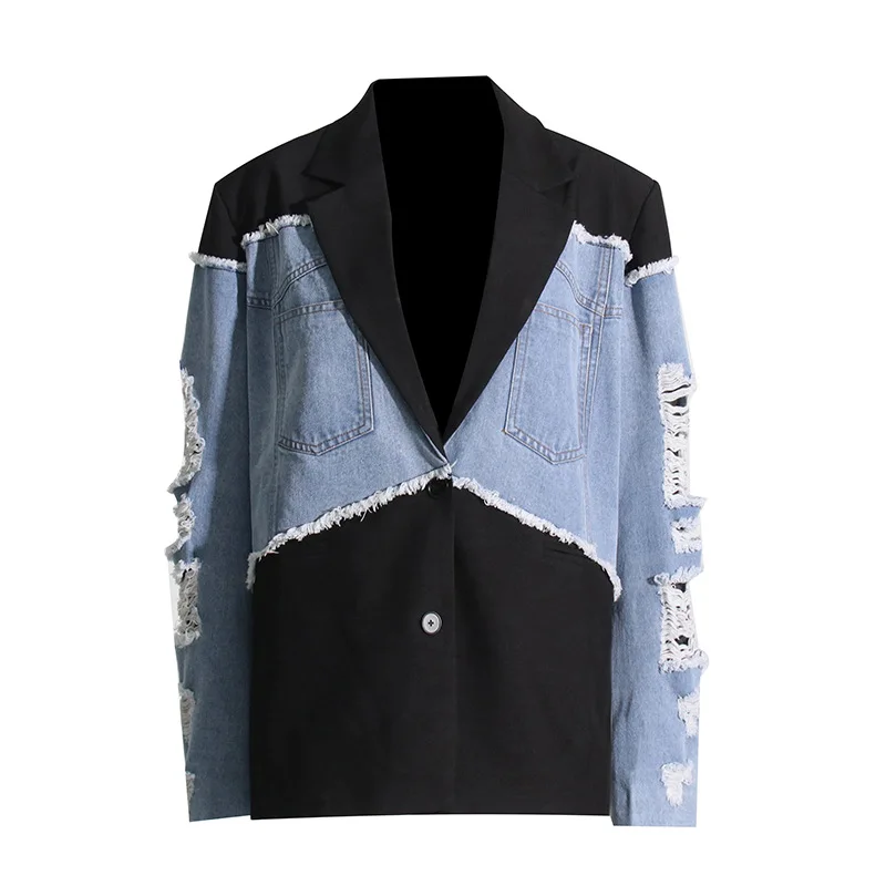 

2024 New Women Blazer Spring Autumn Tops Jeans Spliced Suit Loose Long Sleeved Coat Single Breasted Chic Jacket Fringe Outerwear