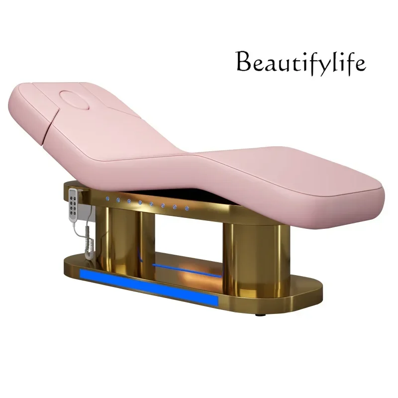 Electric lifting beauty bed beauty salon high-end LED stainless steel gold-plated massage bed tattoo