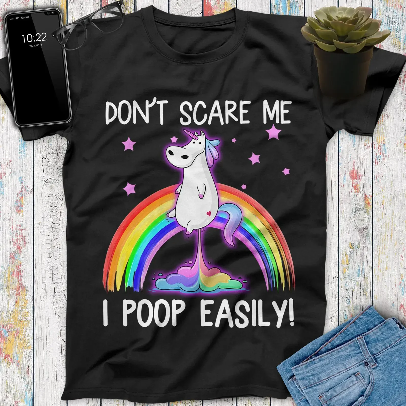 Don't Scare Me I Poop Easily Funny Rainbow Unicorn T Shirt Cute For Girls Birthday Casual vintage Washed homme Slightly fashion