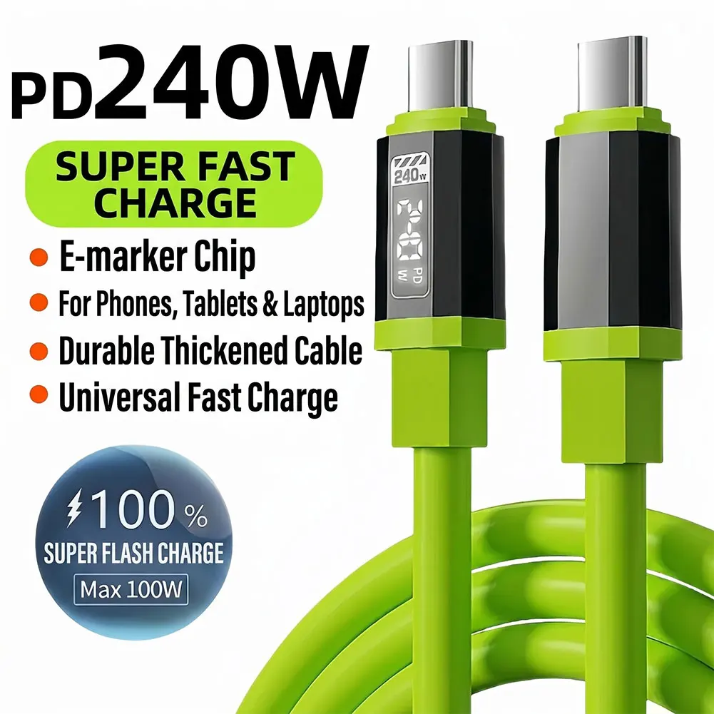 2M 240W Smart Flash Charging Cable Thick Liquid Silicone High Power Fast Charging USB Type-C Mobile Data Cable