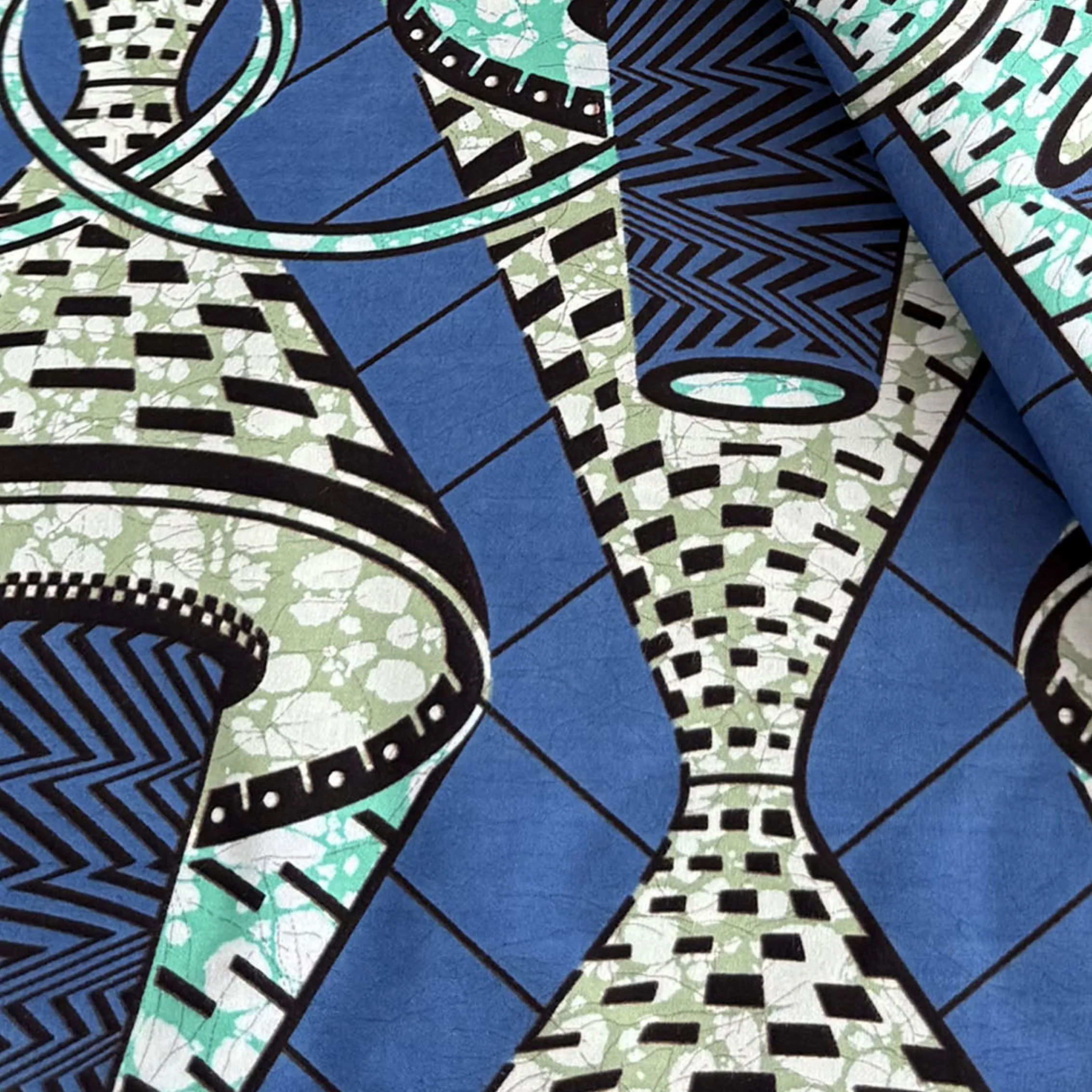 African Real Wax Print Fabric 100% Cotton Ankara Blue Green Abstract Vase Geometric Pattern 6 Yards Dutch Style Batik Pagne