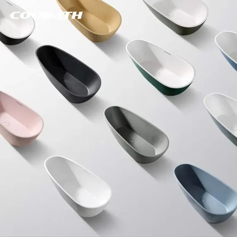 Modern Artificial Stone Solid Surface Free Standing Oval Corner Bathtub Indoor Bath Spa for Hotel Villa Multiple Colors