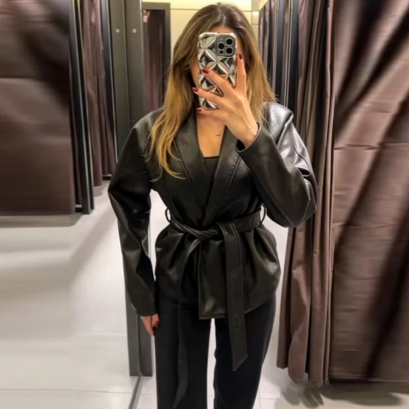 HXAO Black Faux Leather Jacket Women's Jacket Autumn 2026 Crop Loose Belt Long Sleeve Tops For Woman Motorcycle Jacket Outerwear