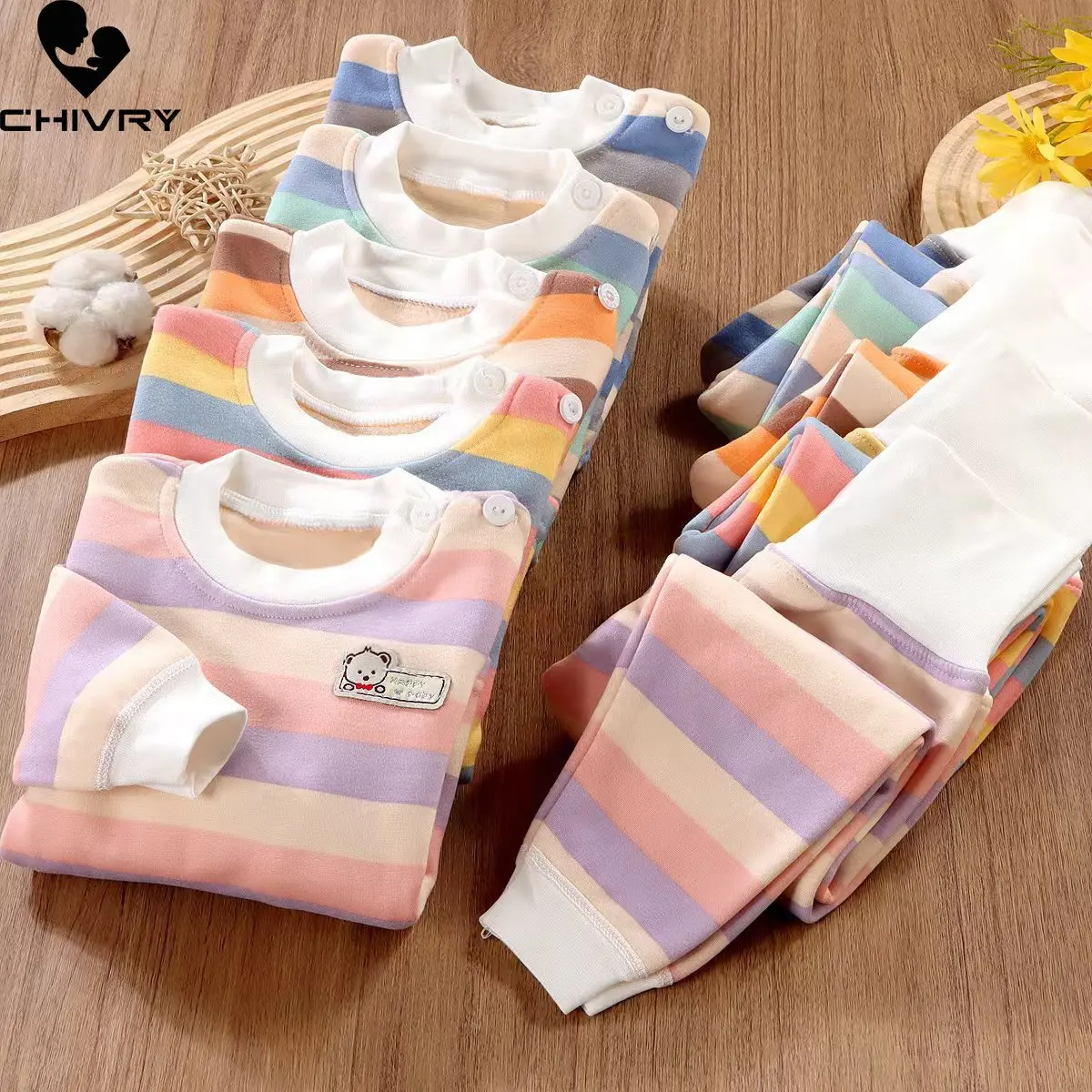 New 2023 Autumn Winter Kids Pajamas Baby Boys Girls Striped Thicken High Waist Warm Clothing Sets Toddler Pyjamas Sleepwear