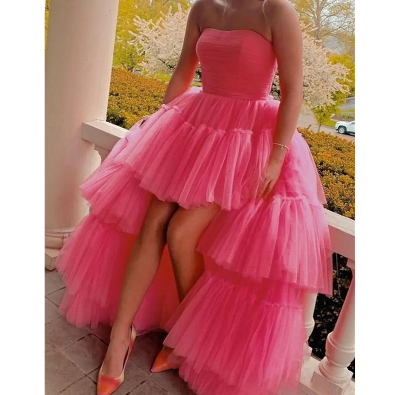 Hot Pink High Low Prom Dresses Strapless Ruffles Special Formal Party Gowns for Women Custom Evening Gowns