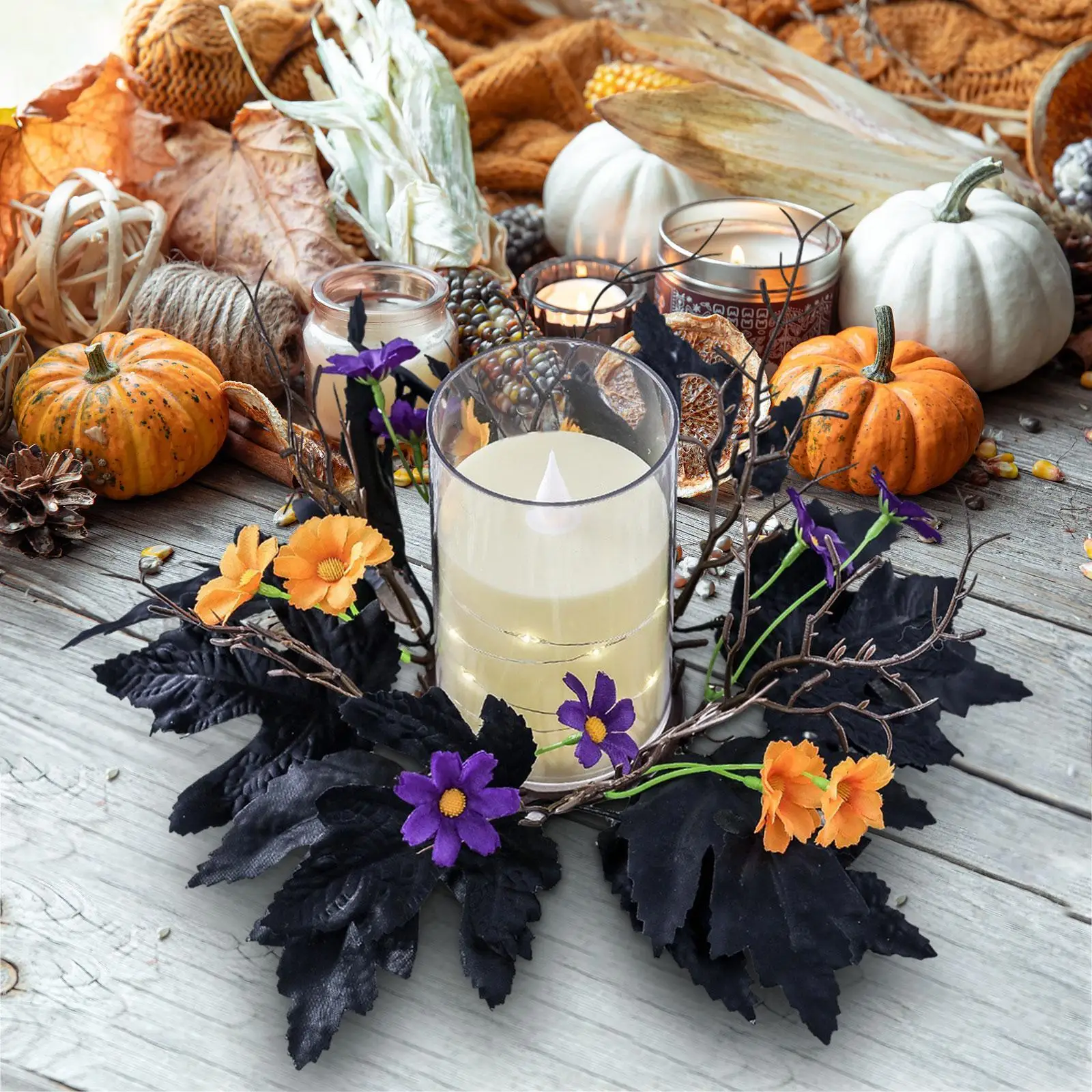 Halloween Candle Ring Fall Pillar Candle Ring Autumn Themed Parties Festival Harvest Artificial Leaves Flowers Wreath Home Decor