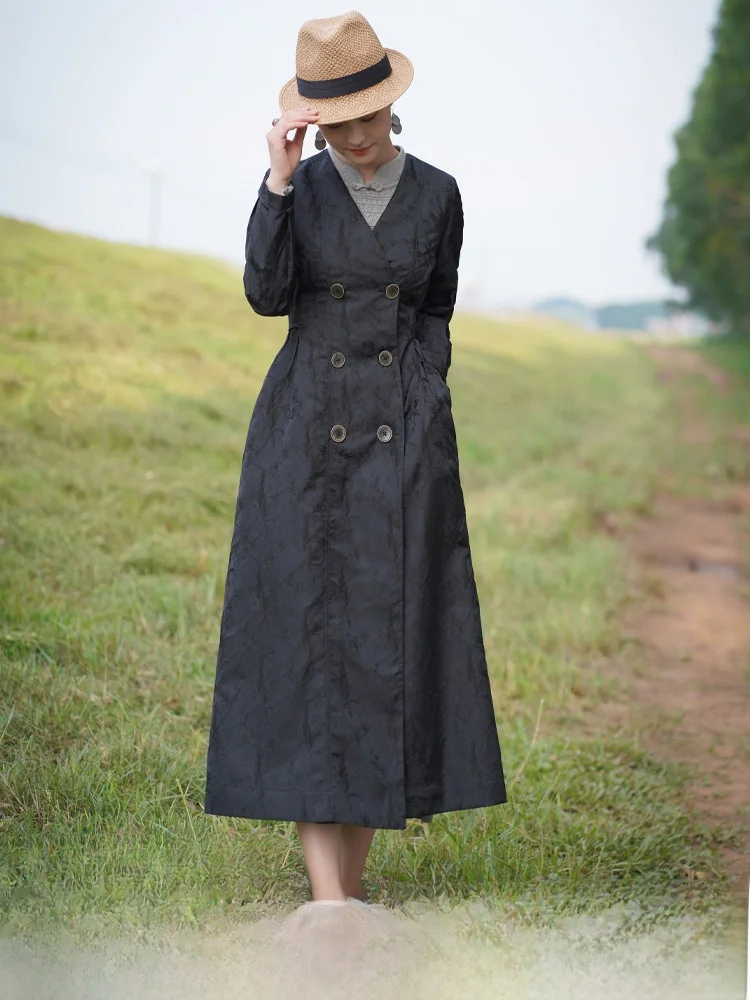 

Original Vintage Sle Women's Long Jaet Artistic Embroidery Double Breasted Button up Slim Fit Regular Thin