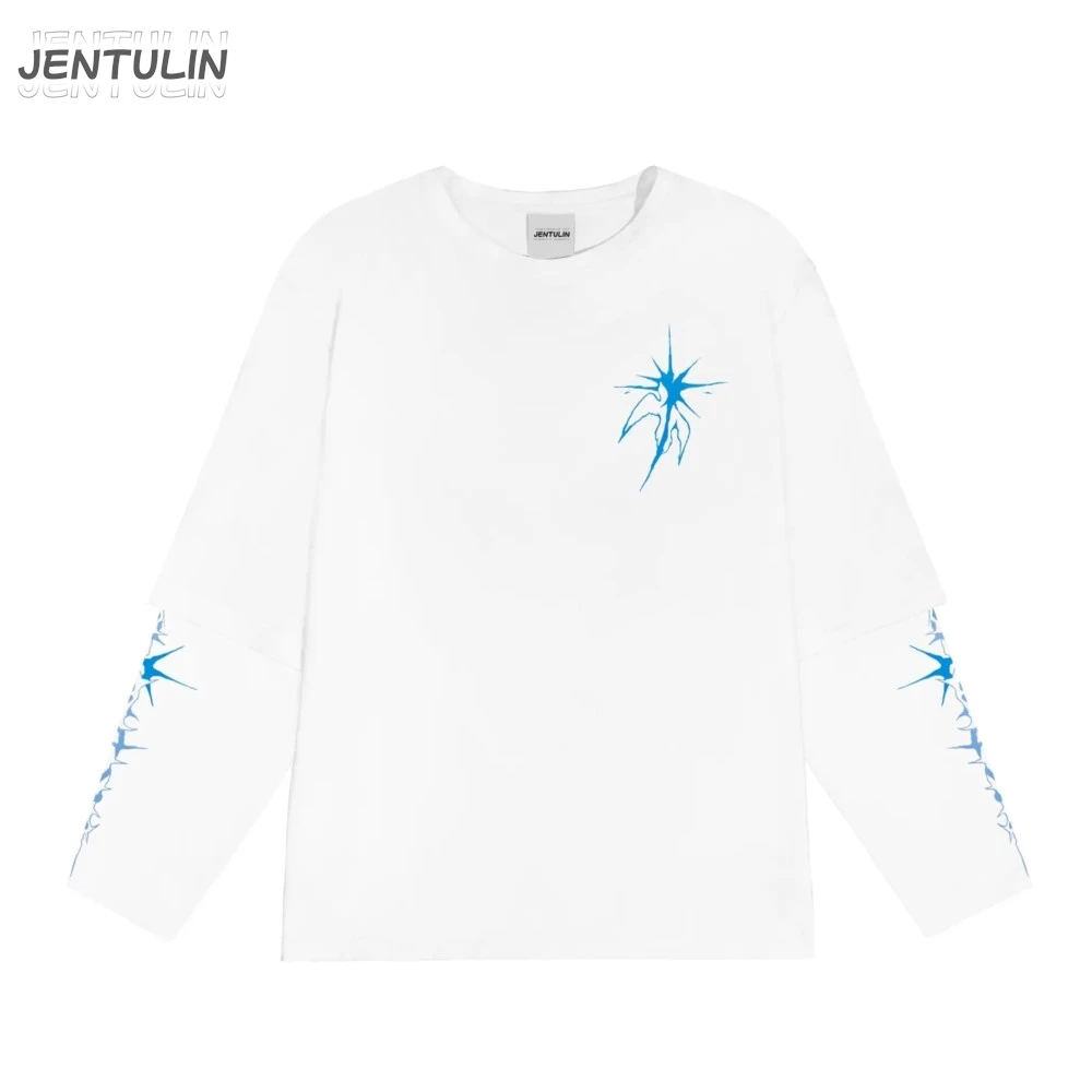Harajuku Oversized Streetwear Men\'s Tshirts Bright Side Graphic Print Hip Hop Clothing Fake Two Pieces Long Sleeve Tops Goth Y2k