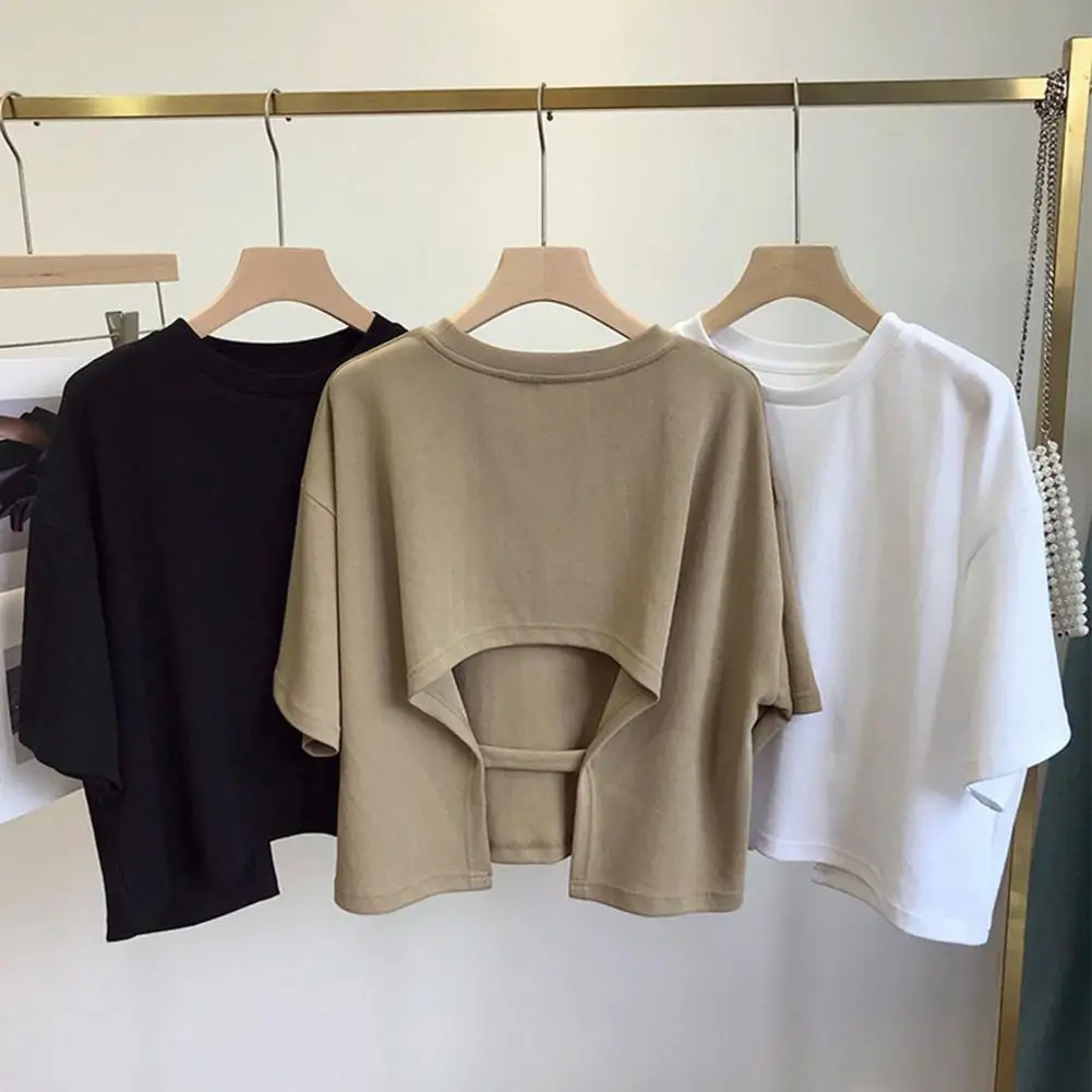 Summer Ladies Casual Backless T-Shirt Korean Women Round Neck Loose Sweet Spicy Wind Short-Sleeved Crop Tops Women Clothing