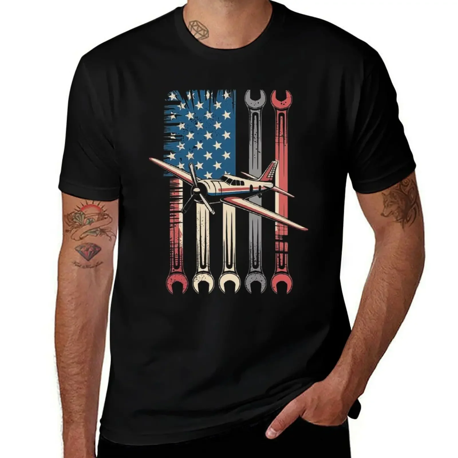 

Vintage Aviation and Tools: American Flag Airplane Design T-Shirt luxury designer tees mens graphic t-shirts big and tall