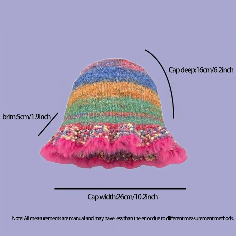 Knit Rainbow Striped Bucket Hat for Women Winter Warm Fisherman Hat for Outdoor Shopping Dating