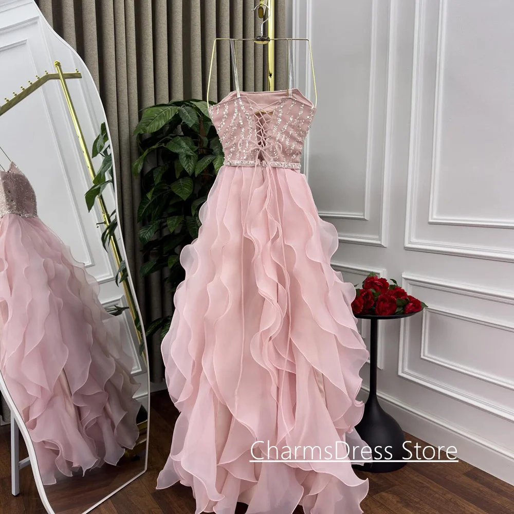 فستان سهرة من الأورجانزا مكشكش مخصص بدون حمالات بدون أكمام مطرز بالخرز بطول الأرض فساتين حفلات المملكة العربية السعودية #6