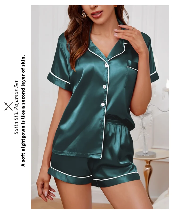 Luxuriöser Satin-Pyjama für Damen, Umlegekragen, Knopfleiste und Shorts, Nachtwäsche und Loungewear für den Sommer, Heimkleidungsanzug – Detail 24