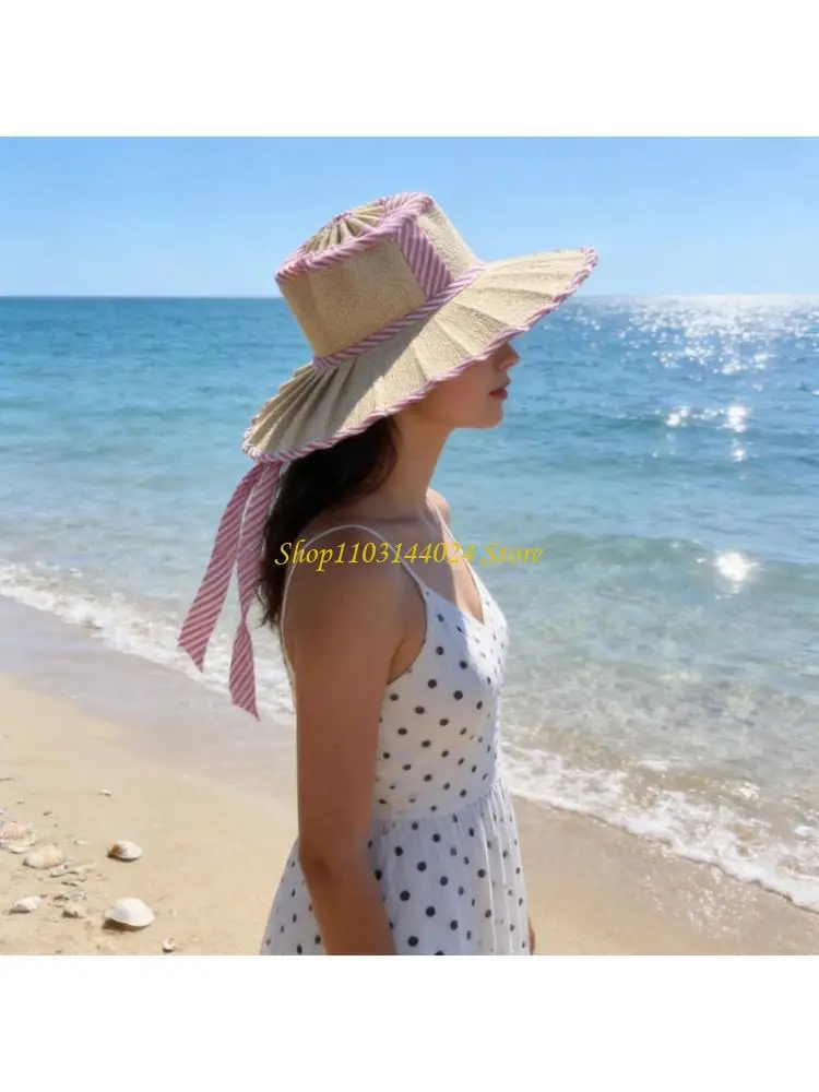 N5KE Beach Panama Hat Foldable Pleated Straw Hat Elegant Sun Hat Surprise Gift for Girlfriend for Vacations French