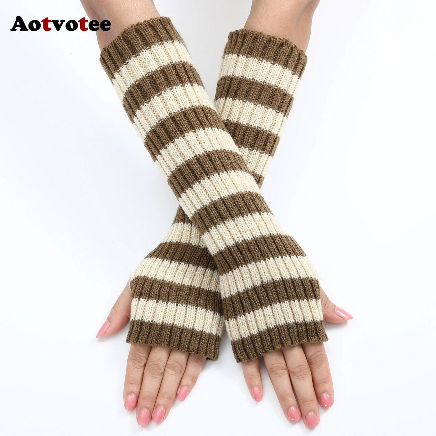 Aotvotee Autumn Winter Arm Warmers Women - Long Fingerless Knitted Gloves Striped Color Block Thermal Sleeve Covers Outdoo