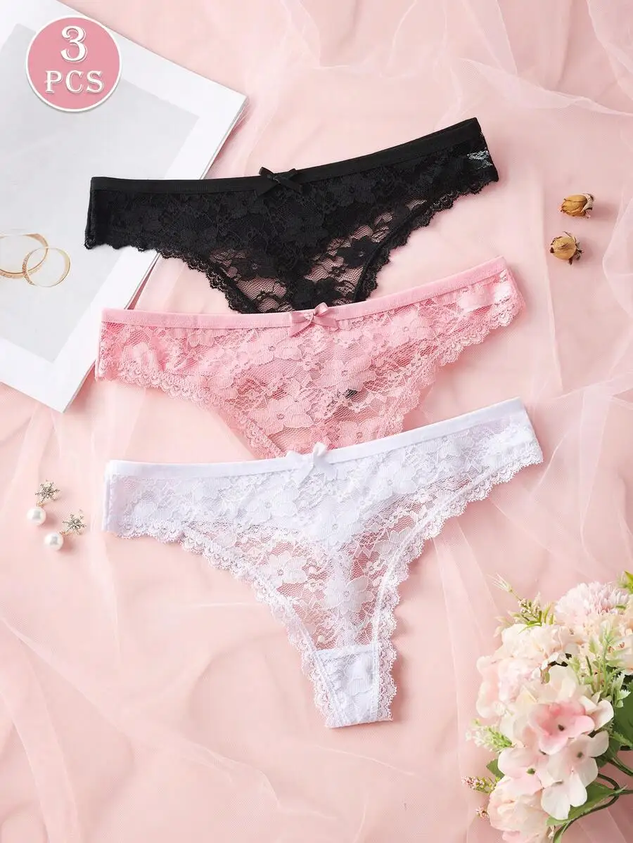 3Pcs Sexy Lace Women Thongs Transparent Women Panties Sexy Underwear Solid Floral G-String Size XS-XL Female Underpants Lingerie