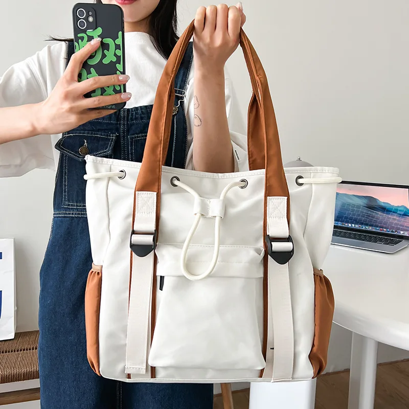Nylon light shoulder tote bag, large capacity, color matching handbag, simple commuting, drawstring and mouth crossbody bag