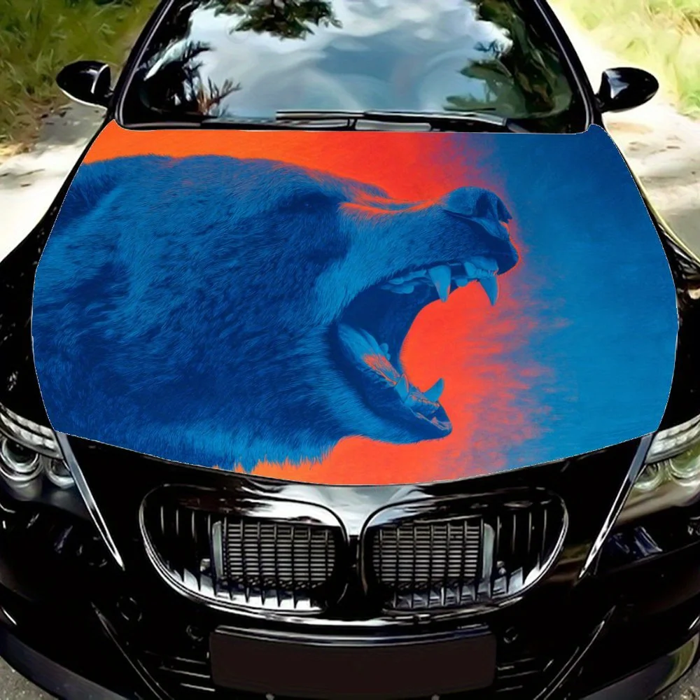 

Roaring bear with a striking blue and orange contrast Car Vinyl Wrap - Splash-Resistant PVC Decal For Engine Hood, Easy Removal