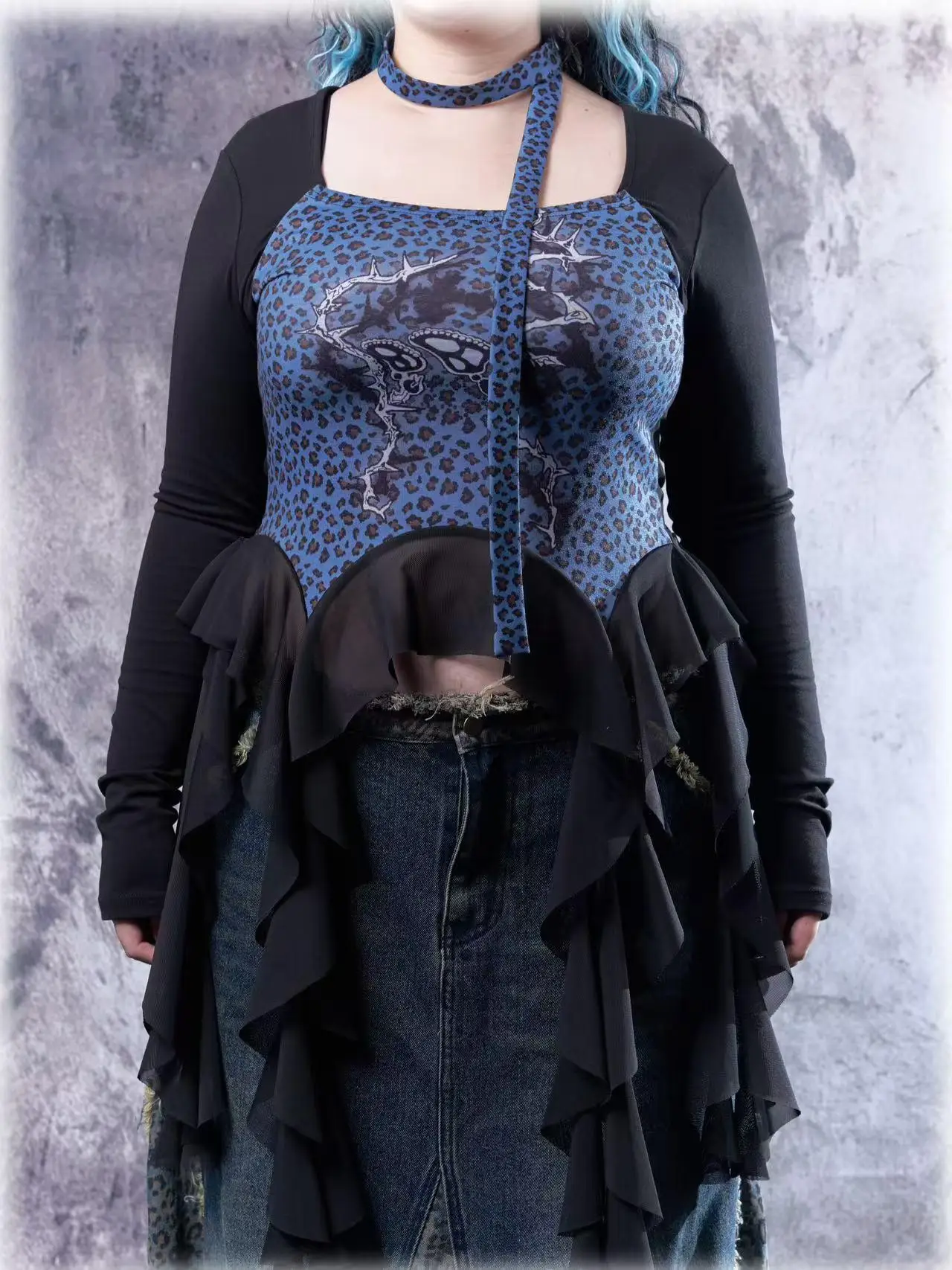 Large Size Irregular Ruffles Leopard Print Temperament Square Neck Long Sleeve Top Elegant Dark Blue Fashion Versatile T-shirt